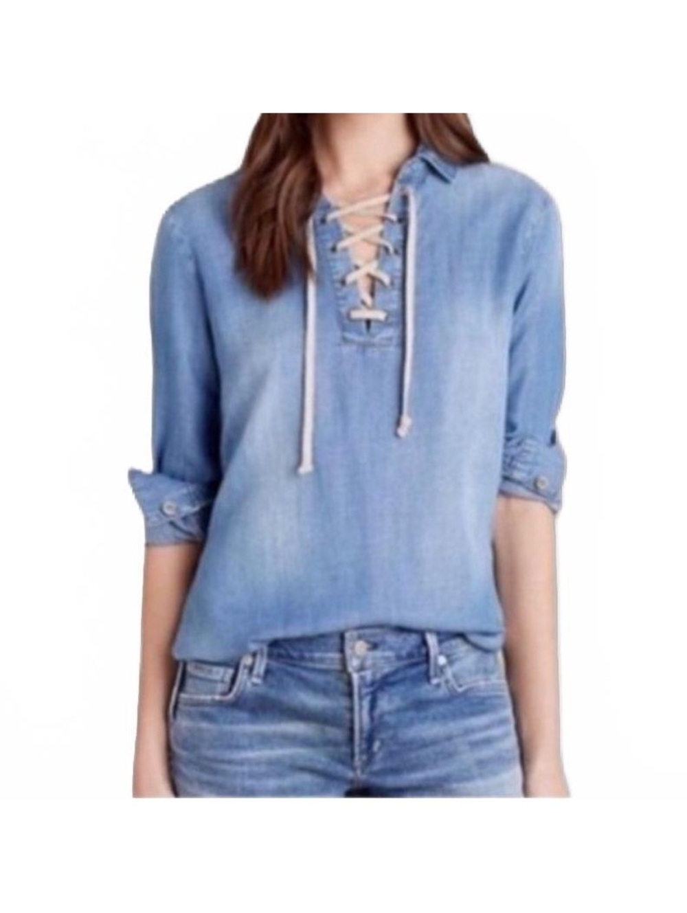 Anthropologie Cloth & Stone Chambray Tencel Denim 1/4 Lace Up Nautical Top S